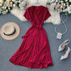 Elegant Midi retro Dress Women's 2022  Solid Color V-neck Lace-up Waist Slimming over-the-Knee Pleated Dress Office Lady