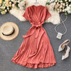 Elegant Midi retro Dress Women's 2022  Solid Color V-neck Lace-up Waist Slimming over-the-Knee Pleated Dress Office Lady