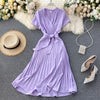 Elegant Midi retro Dress Women's 2022  Solid Color V-neck Lace-up Waist Slimming over-the-Knee Pleated Dress Office Lady