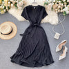 Elegant Midi retro Dress Women's 2022  Solid Color V-neck Lace-up Waist Slimming over-the-Knee Pleated Dress Office Lady