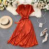 Elegant Midi retro Dress Women's 2022  Solid Color V-neck Lace-up Waist Slimming over-the-Knee Pleated Dress Office Lady