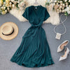 Elegant Midi retro Dress Women's 2022  Solid Color V-neck Lace-up Waist Slimming over-the-Knee Pleated Dress Office Lady