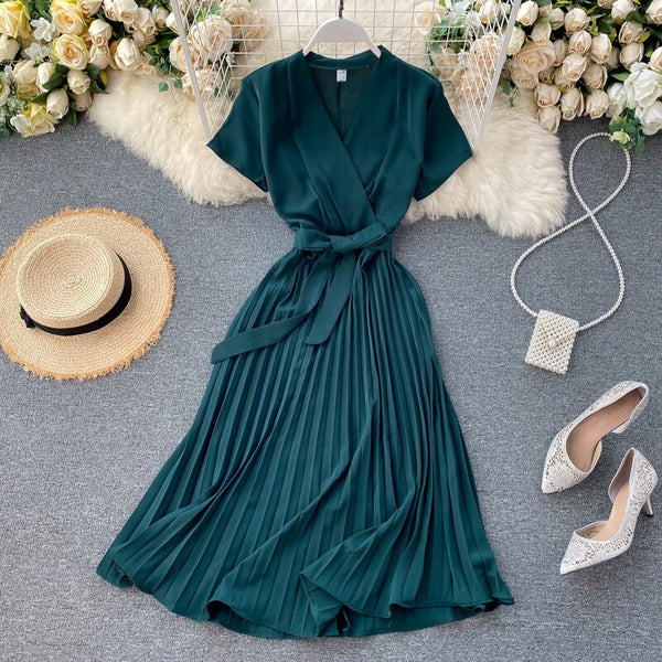 Elegant Midi retro Dress Women's 2022  Solid Color V-neck Lace-up Waist Slimming over-the-Knee Pleated Dress Office Lady