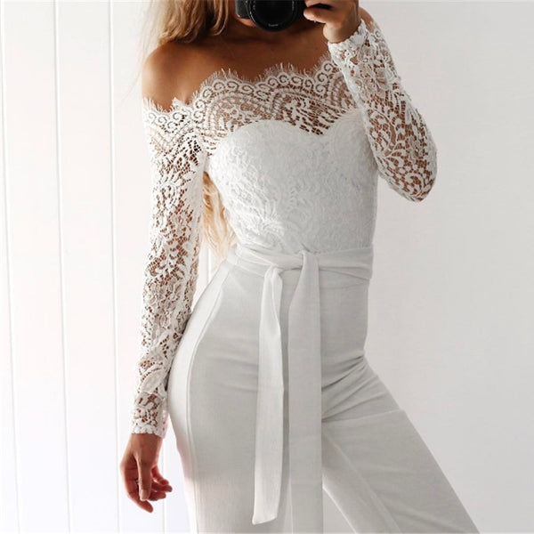 Elegant Off shoulder Lace Rompers Womens Summer Jumpsuit Sexy Ladies Casual Long Trousers Overalls White Jumpsuits 2022