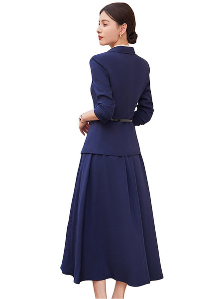 Elegant Office Ladies Formal Skirt Suit Women Apricot Pink Navy Long Sleeve Solid Two Piece Set Blazer for Business Work Wear