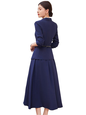 Elegant Office Ladies Formal Skirt Suit Women Apricot Pink Navy Long Sleeve Solid Two Piece Set Blazer for Business Work Wear