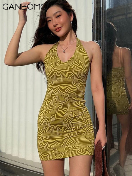 Elegant Open Back Bodycon Printed Halter Mini Dresses Summer Sexy Party Evening Backless Bandage Short Birthday Dress For Women