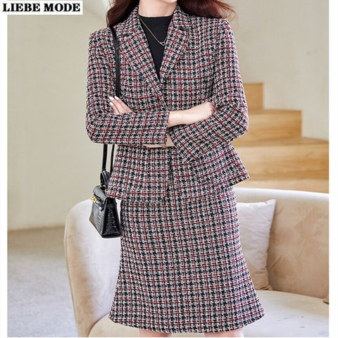 Elegant Plaid Formal Women Office Suit with Skirt Woman Business Tweed Suit Blazer and Skirt Set 2 Piece Chic Jacket Uniform