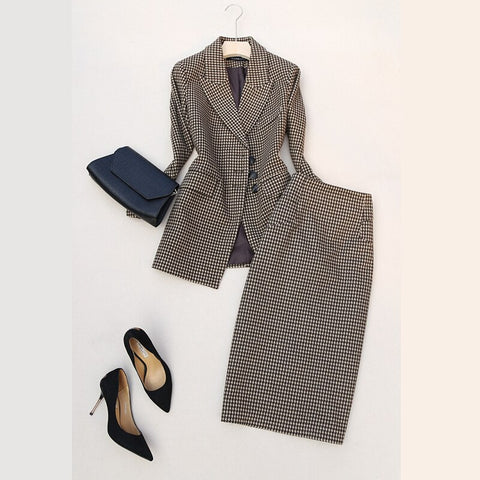 Elegant Plaids Suit Blazer Jacket +  Suit Skirt One Set Office Lady Business Casual Suit Sets