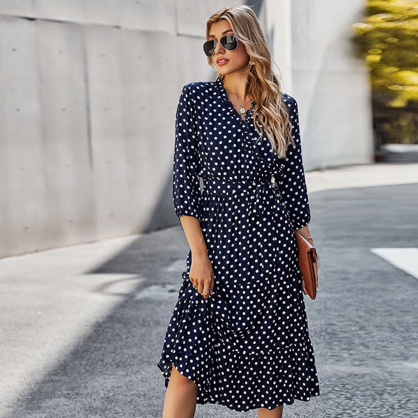Elegant Polka Dot Women Dress Female Casual long Sleeve Office Dresses V-Neck A-Line party maxi dress spring & sumnmer LYQ019