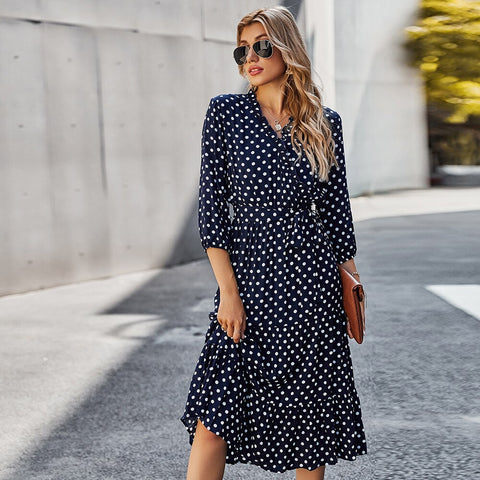Elegant Polka Dot Women Dress Female Casual long Sleeve Office Dresses V-Neck A-Line party maxi dress spring & sumnmer LYQ019