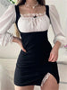 Elegant Puff Sleeve Square Neck Maid Dress Women Lace Edge Slit Sexy Mini Dresses Female High Waist Slim Fit Sundress