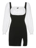 Elegant Puff Sleeve Square Neck Maid Dress Women Lace Edge Slit Sexy Mini Dresses Female High Waist Slim Fit Sundress