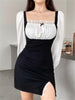 Elegant Puff Sleeve Square Neck Maid Dress Women Lace Edge Slit Sexy Mini Dresses Female High Waist Slim Fit Sundress
