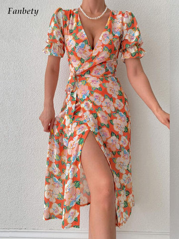 Elegant Puff Sleeve Women Beach Dresses 2023 Summer Vintage Floral Printed V-Neck Sexy Dress Femme Chic Midi Split Dress