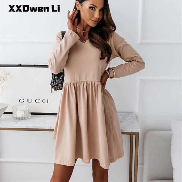 Elegant Pure Color Long Sleeve Mini Dress 2022 Autumn Party Dress Women V Neck Folds Black Office Lady Casual Clothes Robe Femme