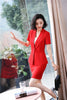 Elegant Red Slim Summer Short Sleeve Formal Women Business Suits With Tops and Skirt Ladies Office Work Wear Blazers Set