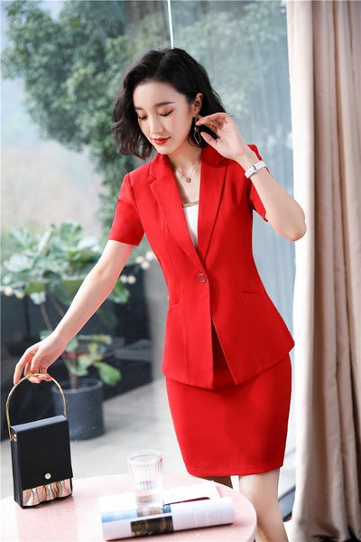 Elegant Red Slim Summer Short Sleeve Formal Women Business Suits With Tops and Skirt Ladies Office Work Wear Blazers Set
