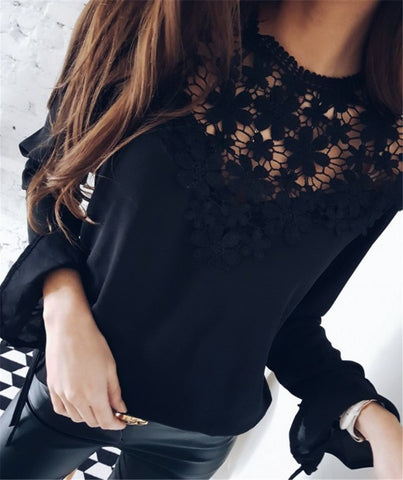 Elegant Ruffle Blusa Long Sleeve Lace Blouses Women White Blouse Lady Autumn Shirt Sexy Hollow Out Blusas Summer Tops Plus Size
