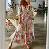 Elegant Ruffles Floral Print Women High Waist Dress Summer Three Quarter Sleeve Slim Fit Dress Female Loose V Neck Casual Dress