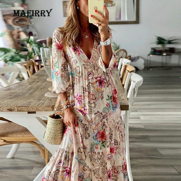 Elegant Ruffles Floral Print Women High Waist Dress Summer Three Quarter Sleeve Slim Fit Dress Female Loose V Neck Casual Dress