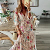 Elegant Ruffles Floral Print Women High Waist Dress Summer Three Quarter Sleeve Slim Fit Dress Female Loose V Neck Casual Dress