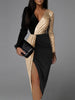 Elegant Sequin Dress Women Shiny Glitter Slit Long Sleeve Patchwork Lady Office Sexy Wrap V Neck Party Bodycon Dresses