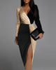 Elegant Sequin Dress Women Shiny Glitter Slit Long Sleeve Patchwork Lady Office Sexy Wrap V Neck Party Bodycon Dresses
