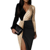 Elegant Sequin Dress Women Shiny Glitter Slit Long Sleeve Patchwork Lady Office Sexy Wrap V Neck Party Bodycon Dresses