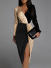 Elegant Sequin Dress Women Shiny Glitter Slit Long Sleeve Patchwork Lady Office Sexy Wrap V Neck Party Bodycon Dresses