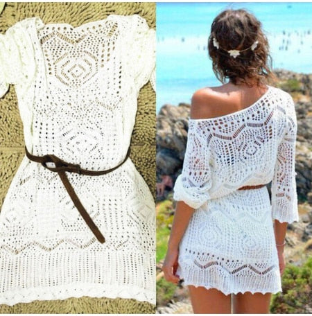 Elegant Sexy Women Lace Blouses Crochet Bikini Cover Up Swimwear Bathing Suit Summer Half Sleeve Beach Dress Seaside Swim dress