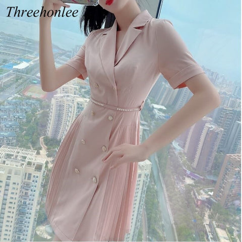 Elegant Short Blazer Women's Dress 2022 Summer Notched Double-breasted Beaded Belt Pleated Mini Lady Office Dresses Vestidos