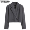 Elegant Short Blazer Women's Long Sleeve Notched Collar Double Breasted Jacket Casual Solid Office Work Vintage Coats