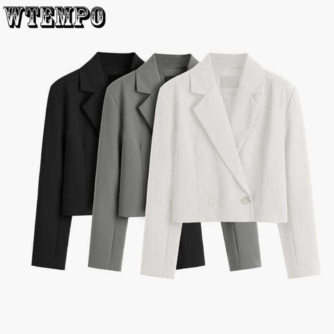 Elegant Short Blazer Women's Long Sleeve Notched Collar Double Breasted Jacket Casual Solid Office Work Vintage Coats