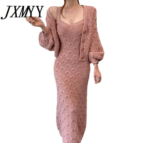 Elegant Single Breasted Knitted Sweater Lantern Sleeve Cardigan Coat V Neck Sleeveless Strap Spaghetti Sweater Dress 2 Piece Set