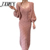 Elegant Single Breasted Knitted Sweater Lantern Sleeve Cardigan Coat V Neck Sleeveless Strap Spaghetti Sweater Dress 2 Piece Set