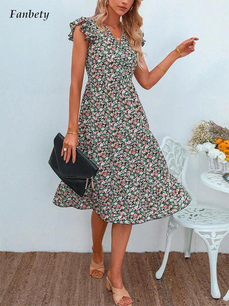 Elegant Sleeveless V-Neck Ruffle Party Dresses Women Spring Summer Casual Loose Midi Dress Female Retro Floral Print Beach Dress