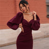 Elegant Solid Slim Evening Formal Dresses Puff Long Sleeve Splicing High Waist Backless Folds Midi Dress Women Wedding Party