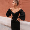 Elegant Solid Slim Evening Formal Dresses Puff Long Sleeve Splicing High Waist Backless Folds Midi Dress Women Wedding Party
