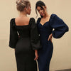 Elegant Solid Slim Evening Formal Dresses Puff Long Sleeve Splicing High Waist Backless Folds Midi Dress Women Wedding Party