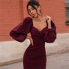 Elegant Solid Slim Evening Formal Dresses Puff Long Sleeve Splicing High Waist Backless Folds Midi Dress Women Wedding Party