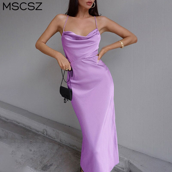 Elegant Spaghetti Strap Long Party Dress Women Cut Out Backless Satin Dress Summer Sexy Midi Dress Gown 2022
