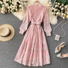 Elegant Stand Collar Women Lace Dress Sweet Hollow Out Slim Long Sleeve Midi Long Dress 2023 Spring High waist Party Vestidos