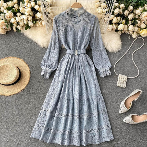 Elegant Stand Collar Women Lace Dress Sweet Hollow Out Slim Long Sleeve Midi Long Dress 2023 Spring High waist Party Vestidos