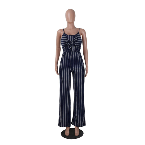 Elegant Striped Sexy Spaghetti Strap Rompers Womens Jumpsuit Sleeveless BacklessBow Casual Wide legs Jumpsuits Leotard Overalls