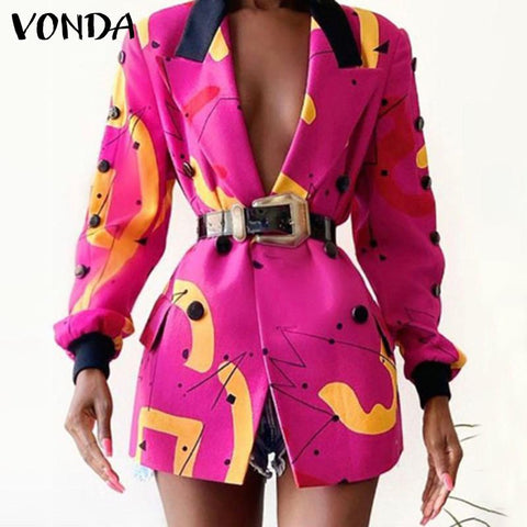 Elegant Suit Blazer VONDA Women Long Sleeve Office Formal Midi Coats Vintage Print Blazer Female Outerwear Veste Femme Oversized