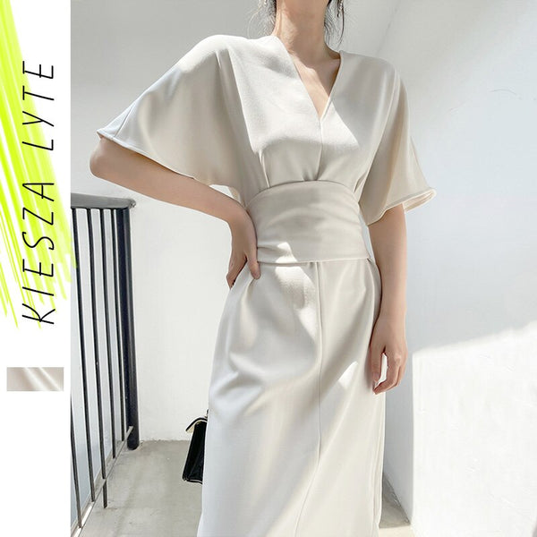 Elegant Summer Dress 2022  Hepburn Style Bat Sleeve Bind Waist Midi French Dresses Runway Office Lady