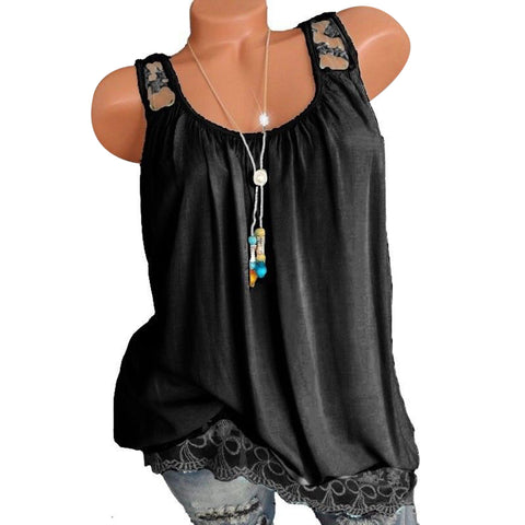 Elegant Summer Women Shirts Tunic Lace Patchwork Tops Casual Solid Color Sleeveless Blouse Plus Size Blusas 2022 Camisa Feminina
