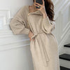 Elegant Sweater Dress Female Casual Loose Turtleneck Solid Pullover Sash Tie Up Robe Femme Autumn Winter Party Dress