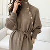 Elegant Sweater Dress Female Casual Loose Turtleneck Solid Pullover Sash Tie Up Robe Femme Autumn Winter Party Dress